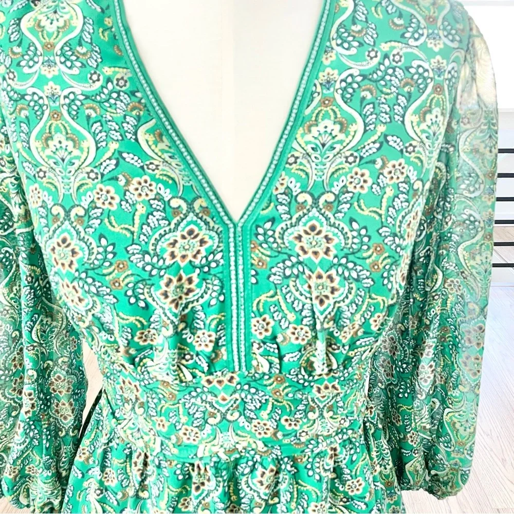 XS Max Studio London green and gold floral, print long sleeve dress - Picture 3 of 9